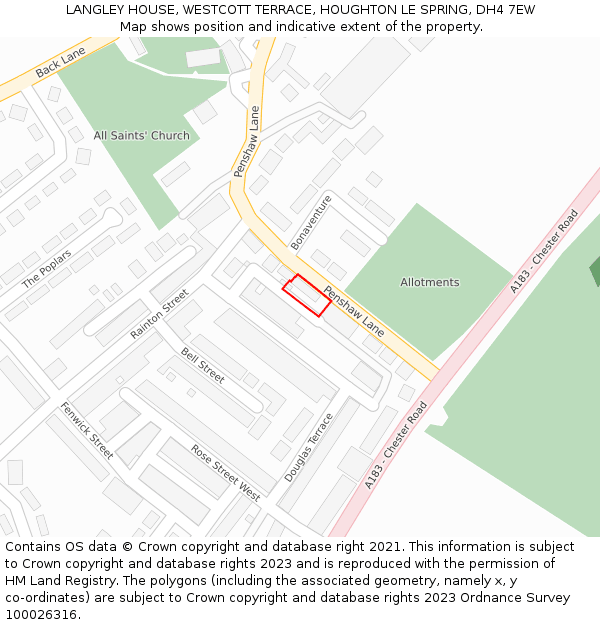 LANGLEY HOUSE, WESTCOTT TERRACE, HOUGHTON LE SPRING, DH4 7EW: Location map and indicative extent of plot