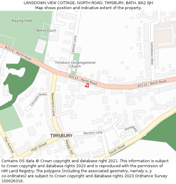 LANSDOWN VIEW COTTAGE, NORTH ROAD, TIMSBURY, BATH, BA2 0JH: Location map and indicative extent of plot