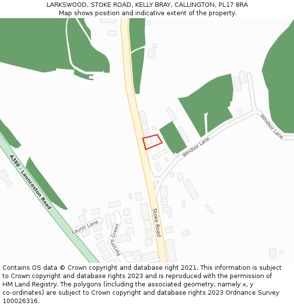 LARKSWOOD, STOKE ROAD, KELLY BRAY, CALLINGTON, PL17 8RA: Location map and indicative extent of plot