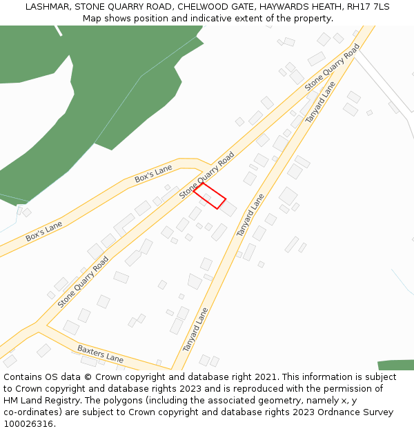 LASHMAR, STONE QUARRY ROAD, CHELWOOD GATE, HAYWARDS HEATH, RH17 7LS: Location map and indicative extent of plot