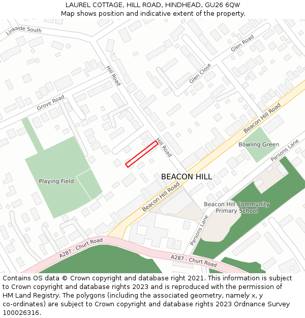 LAUREL COTTAGE, HILL ROAD, HINDHEAD, GU26 6QW: Location map and indicative extent of plot