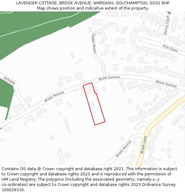 LAVENDER COTTAGE, BROOK AVENUE, WARSASH, SOUTHAMPTON, SO31 9HP: Location map and indicative extent of plot