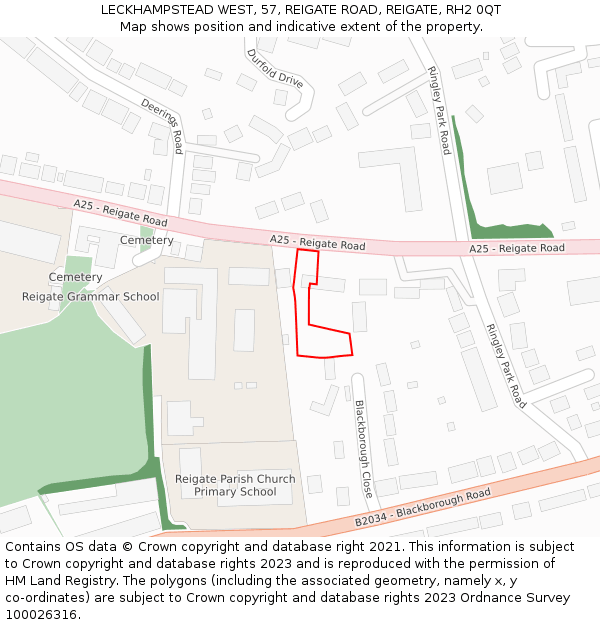 LECKHAMPSTEAD WEST, 57, REIGATE ROAD, REIGATE, RH2 0QT: Location map and indicative extent of plot