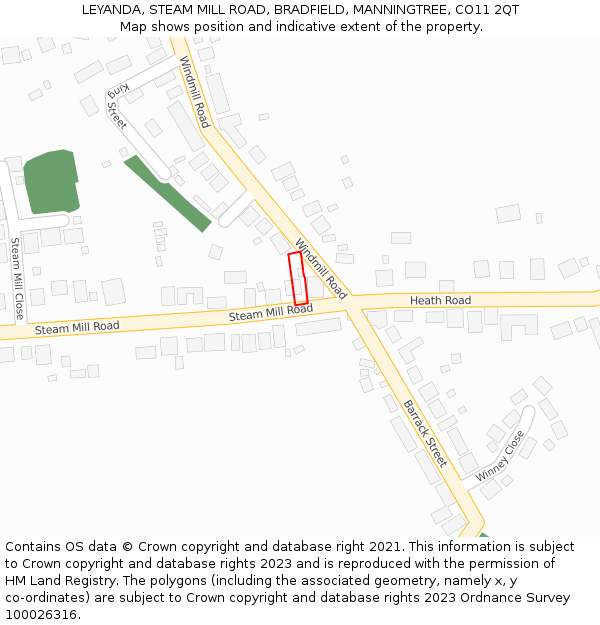 LEYANDA, STEAM MILL ROAD, BRADFIELD, MANNINGTREE, CO11 2QT: Location map and indicative extent of plot