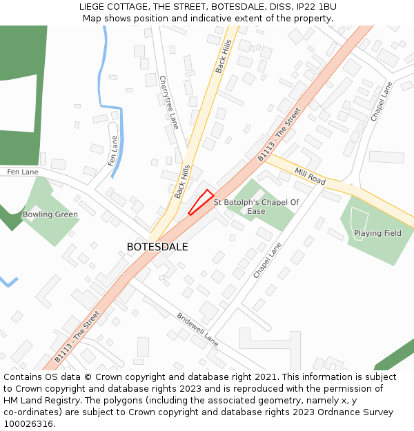 LIEGE COTTAGE, THE STREET, BOTESDALE, DISS, IP22 1BU: Location map and indicative extent of plot