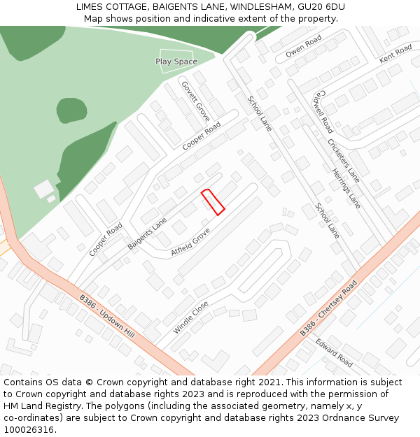 LIMES COTTAGE, BAIGENTS LANE, WINDLESHAM, GU20 6DU: Location map and indicative extent of plot