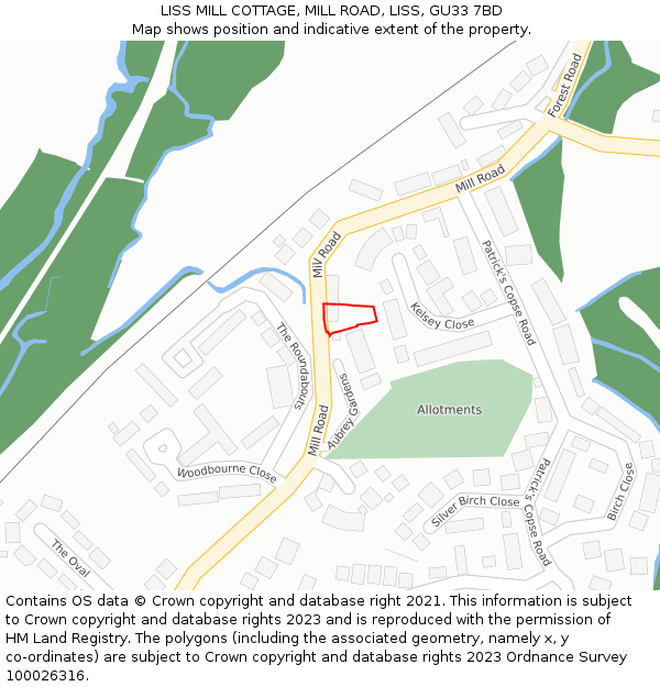 LISS MILL COTTAGE, MILL ROAD, LISS, GU33 7BD: Location map and indicative extent of plot