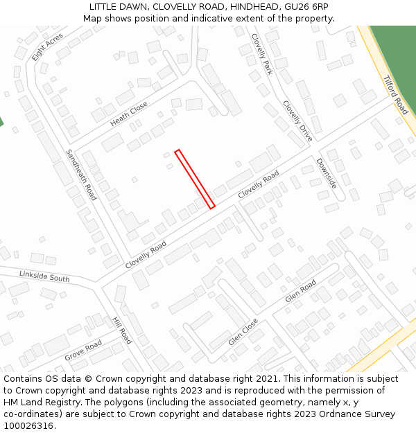 LITTLE DAWN, CLOVELLY ROAD, HINDHEAD, GU26 6RP: Location map and indicative extent of plot