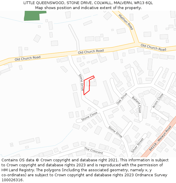 LITTLE QUEENSWOOD, STONE DRIVE, COLWALL, MALVERN, WR13 6QL: Location map and indicative extent of plot