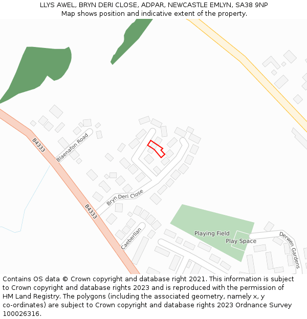 LLYS AWEL, BRYN DERI CLOSE, ADPAR, NEWCASTLE EMLYN, SA38 9NP: Location map and indicative extent of plot