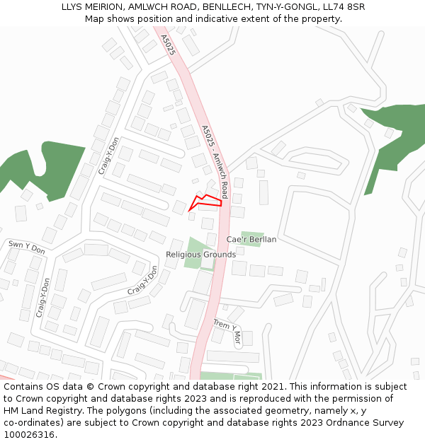 LLYS MEIRION, AMLWCH ROAD, BENLLECH, TYN-Y-GONGL, LL74 8SR: Location map and indicative extent of plot