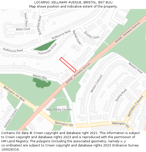 LOCARNO, KELLAWAY AVENUE, BRISTOL, BS7 8UU: Location map and indicative extent of plot