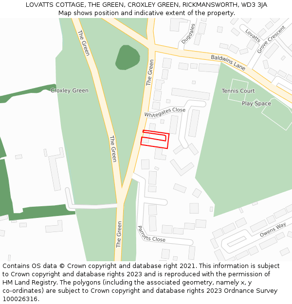 LOVATTS COTTAGE, THE GREEN, CROXLEY GREEN, RICKMANSWORTH, WD3 3JA: Location map and indicative extent of plot