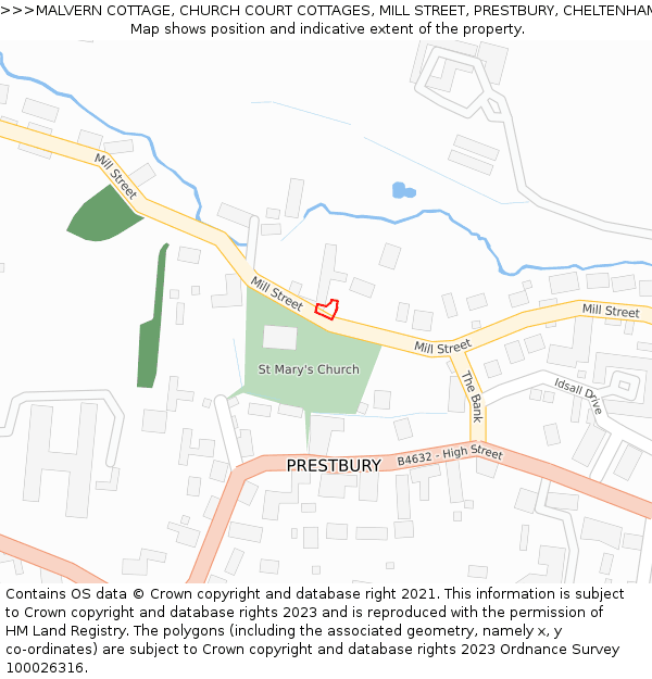 MALVERN COTTAGE, CHURCH COURT COTTAGES, MILL STREET, PRESTBURY, CHELTENHAM, GL52 3BG: Location map and indicative extent of plot