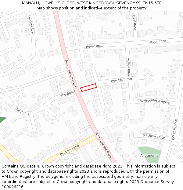 MANALU, HOWELLS CLOSE, WEST KINGSDOWN, SEVENOAKS, TN15 6EE: Location map and indicative extent of plot
