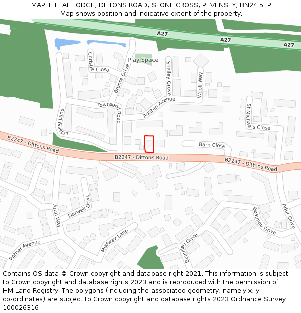 MAPLE LEAF LODGE, DITTONS ROAD, STONE CROSS, PEVENSEY, BN24 5EP: Location map and indicative extent of plot