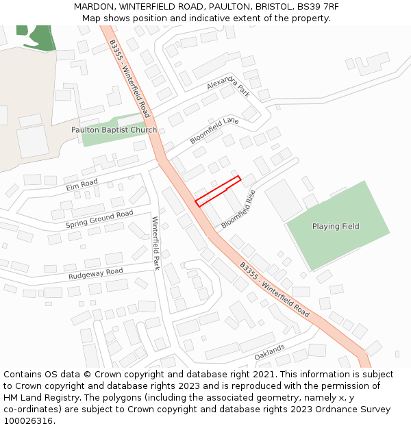 MARDON, WINTERFIELD ROAD, PAULTON, BRISTOL, BS39 7RF: Location map and indicative extent of plot