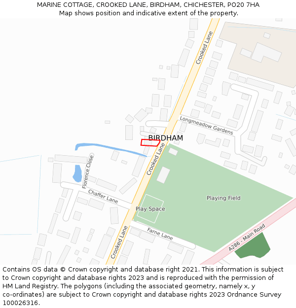 MARINE COTTAGE, CROOKED LANE, BIRDHAM, CHICHESTER, PO20 7HA: Location map and indicative extent of plot