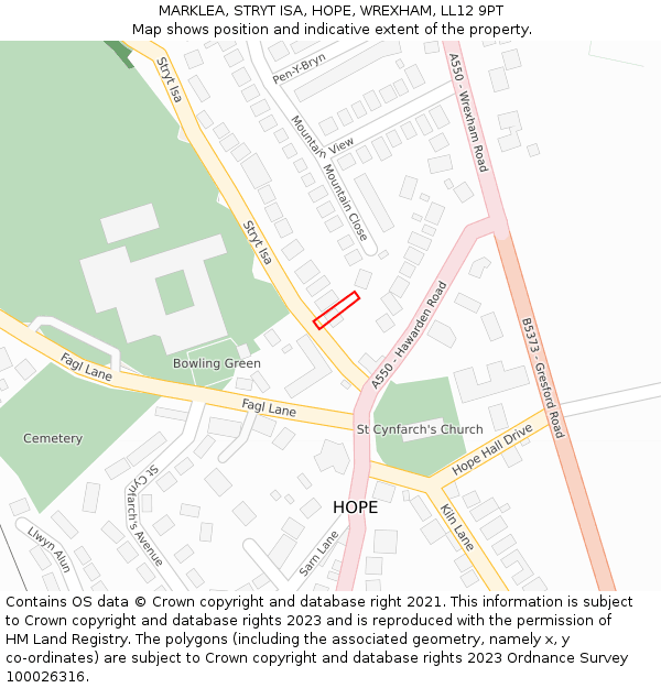 MARKLEA, STRYT ISA, HOPE, WREXHAM, LL12 9PT: Location map and indicative extent of plot