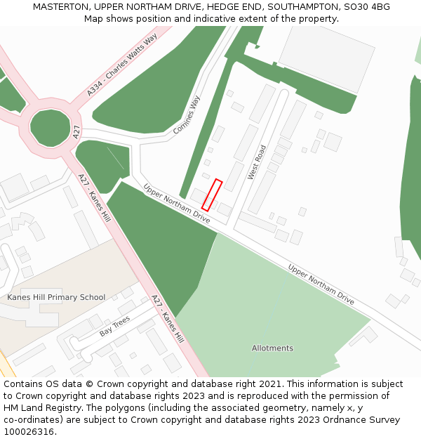 MASTERTON, UPPER NORTHAM DRIVE, HEDGE END, SOUTHAMPTON, SO30 4BG: Location map and indicative extent of plot