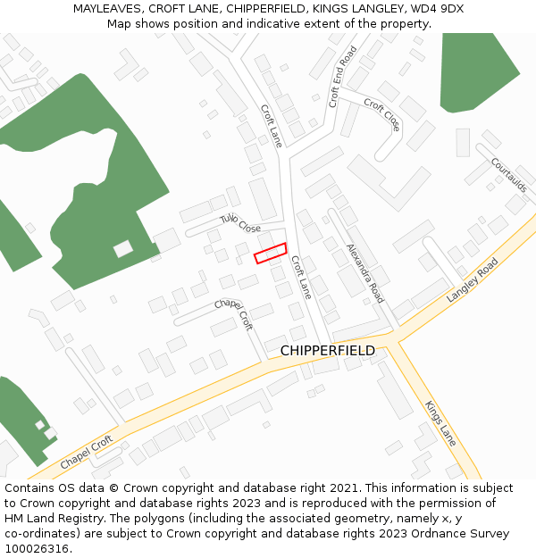 MAYLEAVES, CROFT LANE, CHIPPERFIELD, KINGS LANGLEY, WD4 9DX: Location map and indicative extent of plot