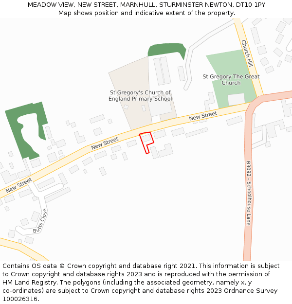 MEADOW VIEW, NEW STREET, MARNHULL, STURMINSTER NEWTON, DT10 1PY: Location map and indicative extent of plot