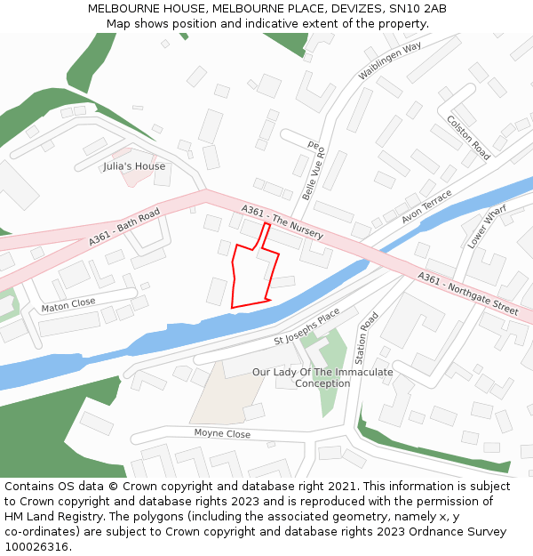 MELBOURNE HOUSE, MELBOURNE PLACE, DEVIZES, SN10 2AB: Location map and indicative extent of plot