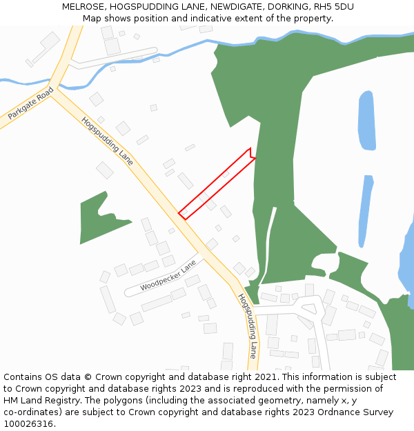 MELROSE, HOGSPUDDING LANE, NEWDIGATE, DORKING, RH5 5DU: Location map and indicative extent of plot