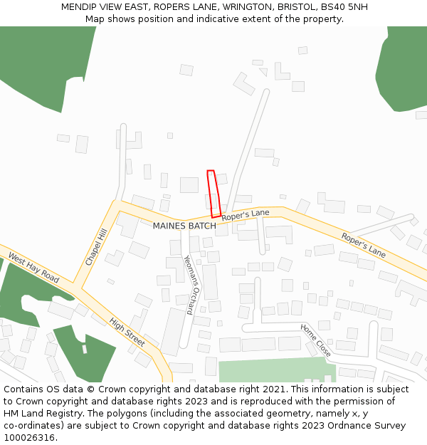 MENDIP VIEW EAST, ROPERS LANE, WRINGTON, BRISTOL, BS40 5NH: Location map and indicative extent of plot