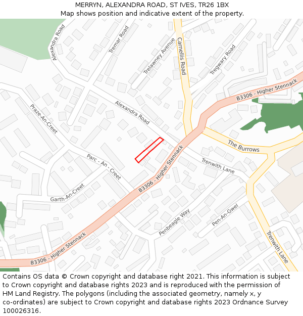 MERRYN, ALEXANDRA ROAD, ST IVES, TR26 1BX: Location map and indicative extent of plot