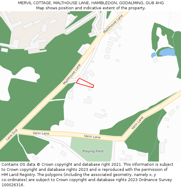 MERVIL COTTAGE, MALTHOUSE LANE, HAMBLEDON, GODALMING, GU8 4HG: Location map and indicative extent of plot