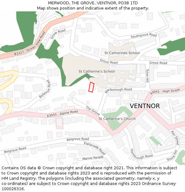 MERWOOD, THE GROVE, VENTNOR, PO38 1TD: Location map and indicative extent of plot