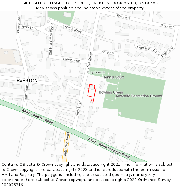 METCALFE COTTAGE, HIGH STREET, EVERTON, DONCASTER, DN10 5AR: Location map and indicative extent of plot