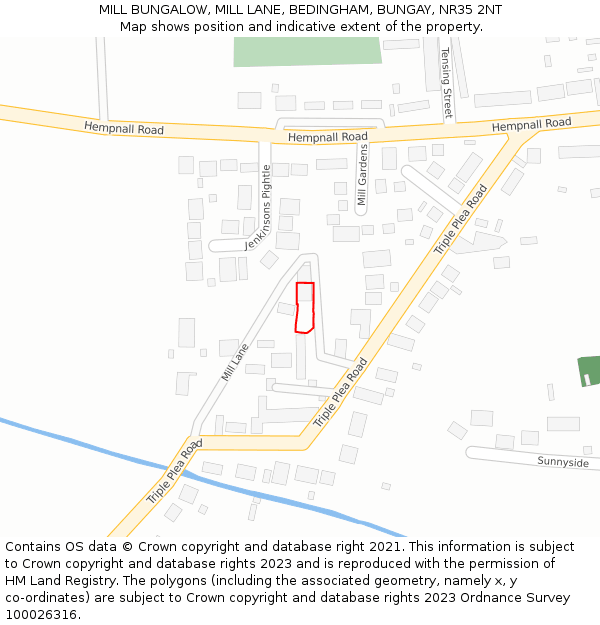 MILL BUNGALOW, MILL LANE, BEDINGHAM, BUNGAY, NR35 2NT: Location map and indicative extent of plot