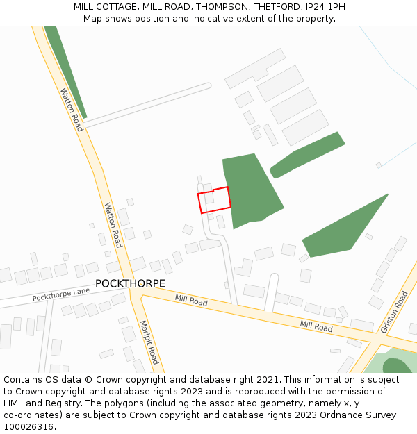 MILL COTTAGE, MILL ROAD, THOMPSON, THETFORD, IP24 1PH: Location map and indicative extent of plot