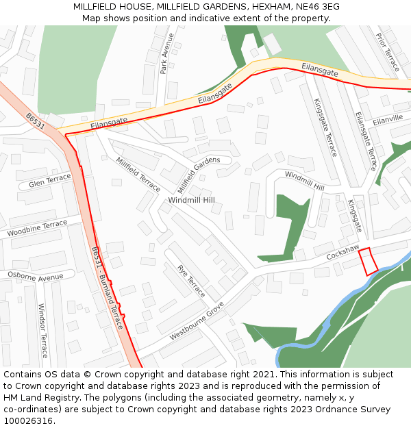 MILLFIELD HOUSE, MILLFIELD GARDENS, HEXHAM, NE46 3EG: Location map and indicative extent of plot