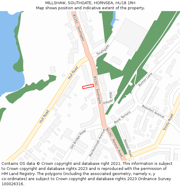 MILLSHAW, SOUTHGATE, HORNSEA, HU18 1RH: Location map and indicative extent of plot