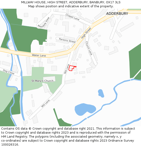 MILLWAY HOUSE, HIGH STREET, ADDERBURY, BANBURY, OX17 3LS: Location map and indicative extent of plot