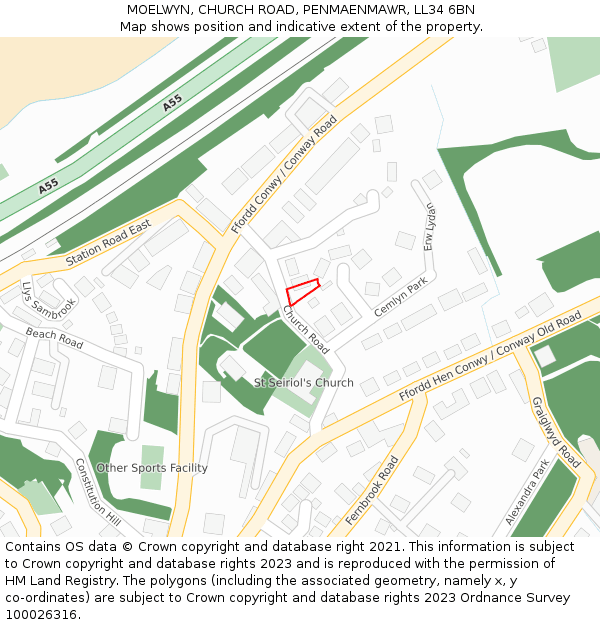 MOELWYN, CHURCH ROAD, PENMAENMAWR, LL34 6BN: Location map and indicative extent of plot