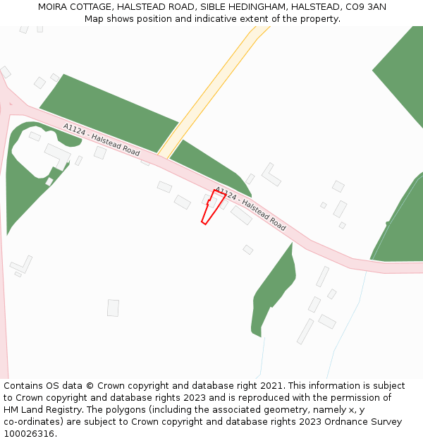 MOIRA COTTAGE, HALSTEAD ROAD, SIBLE HEDINGHAM, HALSTEAD, CO9 3AN: Location map and indicative extent of plot