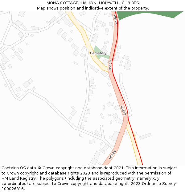 MONA COTTAGE, HALKYN, HOLYWELL, CH8 8ES: Location map and indicative extent of plot