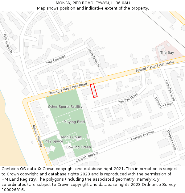 MONFA, PIER ROAD, TYWYN, LL36 0AU: Location map and indicative extent of plot