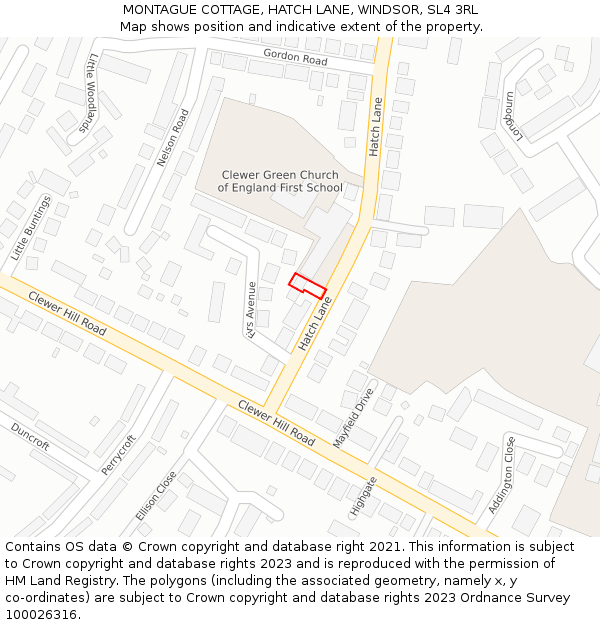 MONTAGUE COTTAGE, HATCH LANE, WINDSOR, SL4 3RL: Location map and indicative extent of plot