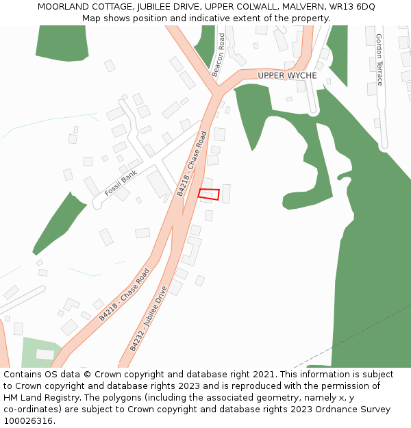 MOORLAND COTTAGE, JUBILEE DRIVE, UPPER COLWALL, MALVERN, WR13 6DQ: Location map and indicative extent of plot