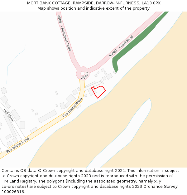 MORT BANK COTTAGE, RAMPSIDE, BARROW-IN-FURNESS, LA13 0PX: Location map and indicative extent of plot