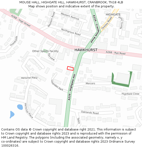 MOUSE HALL, HIGHGATE HILL, HAWKHURST, CRANBROOK, TN18 4LB: Location map and indicative extent of plot