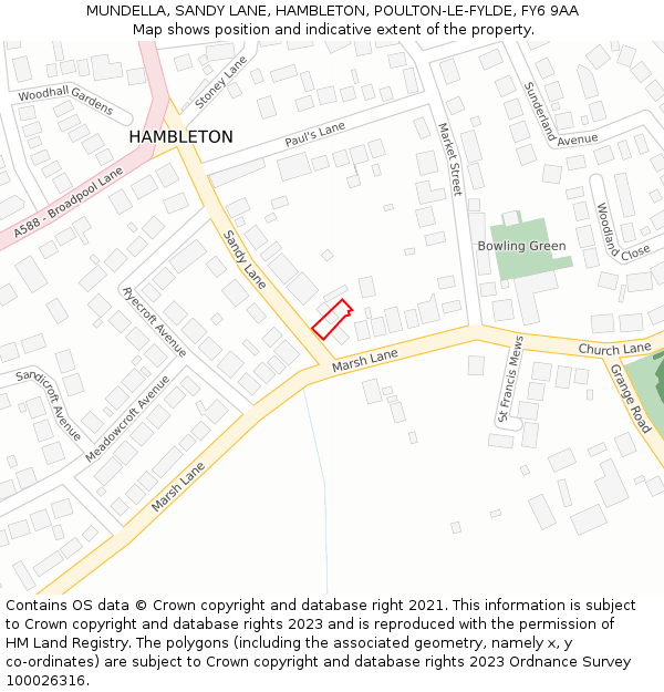 MUNDELLA, SANDY LANE, HAMBLETON, POULTON-LE-FYLDE, FY6 9AA: Location map and indicative extent of plot