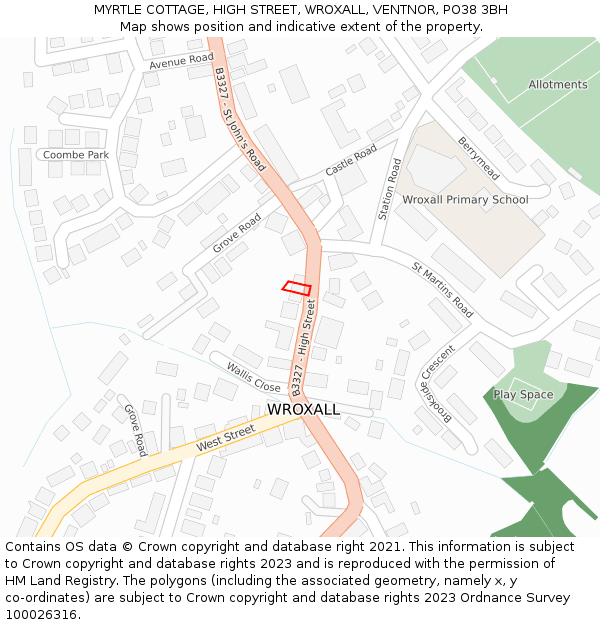 MYRTLE COTTAGE, HIGH STREET, WROXALL, VENTNOR, PO38 3BH: Location map and indicative extent of plot