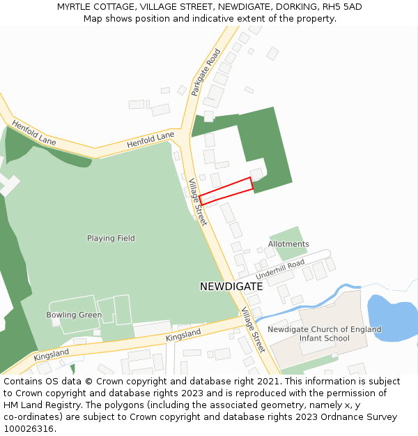 MYRTLE COTTAGE, VILLAGE STREET, NEWDIGATE, DORKING, RH5 5AD: Location map and indicative extent of plot