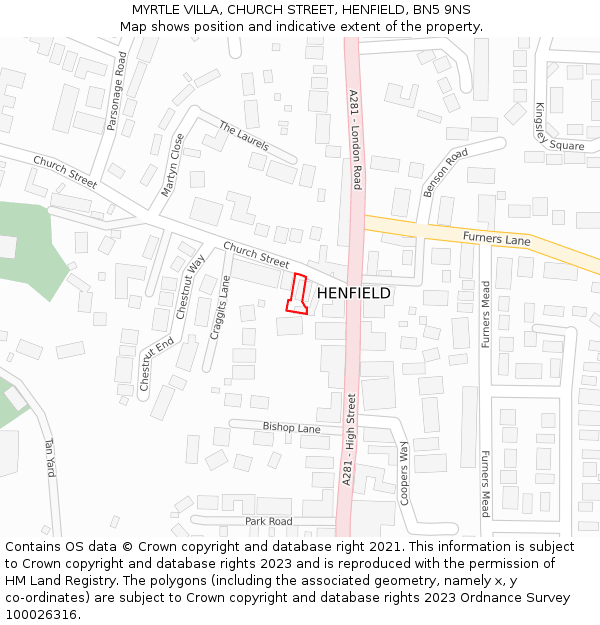 MYRTLE VILLA, CHURCH STREET, HENFIELD, BN5 9NS: Location map and indicative extent of plot